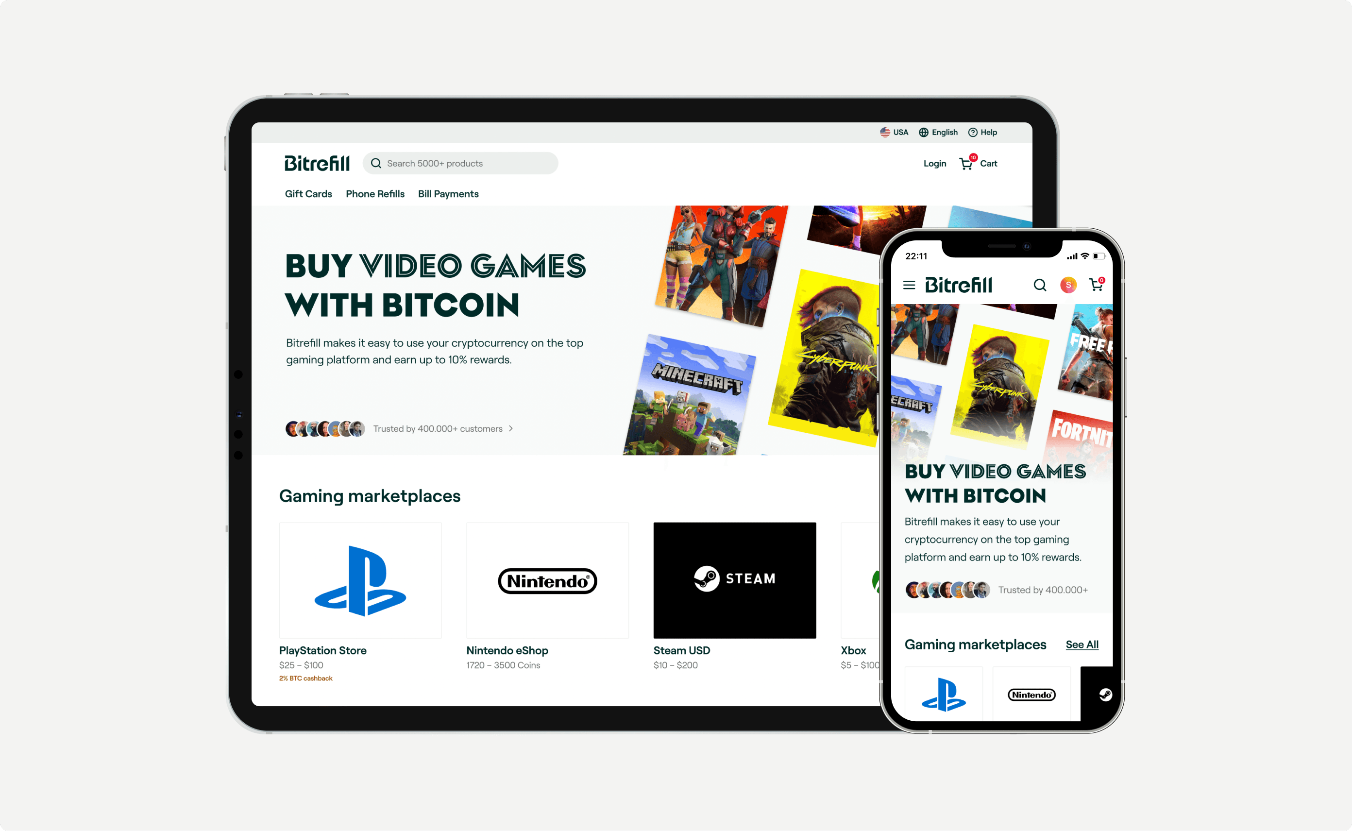 Bitrefill gaming landing page