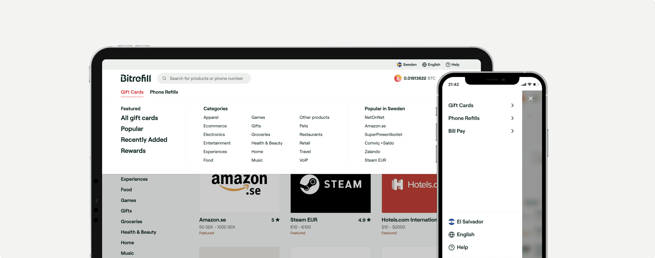 Bitrefill navigation